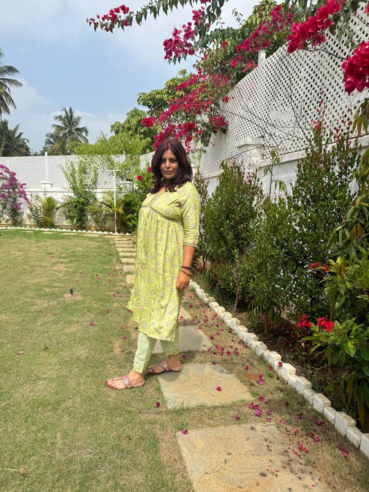 PISTA GREEN FLORAL PRINT KURTA SET WITH EMBROIDERY