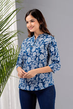 Round Mandarin Collar Sky Blue Floral Print Short Straight Kurti