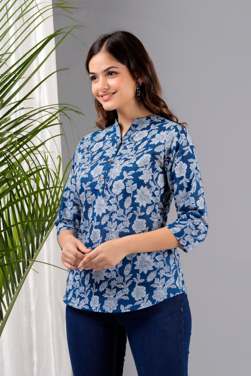 ROUND V-NECK SKY BLUE FLORAL PRINT SHORT KURTI