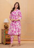 Pink Cotton Printed A Line Cord Set for Women