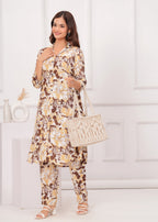 Brown Cotton Printed A Line Cord Set for Women