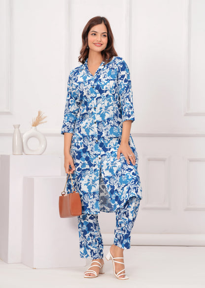 Indigo Cotton Printed A Line Cord Set for Women