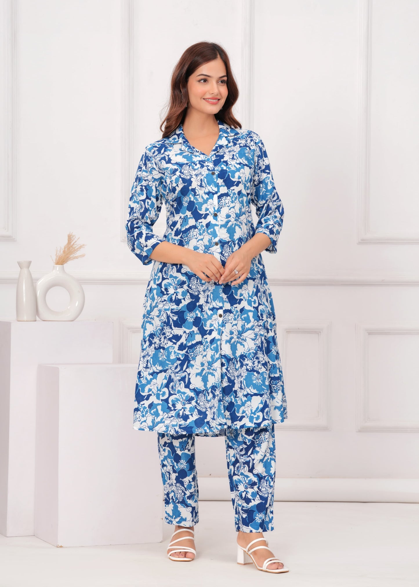 Indigo Cotton Printed A Line Cord Set for Women