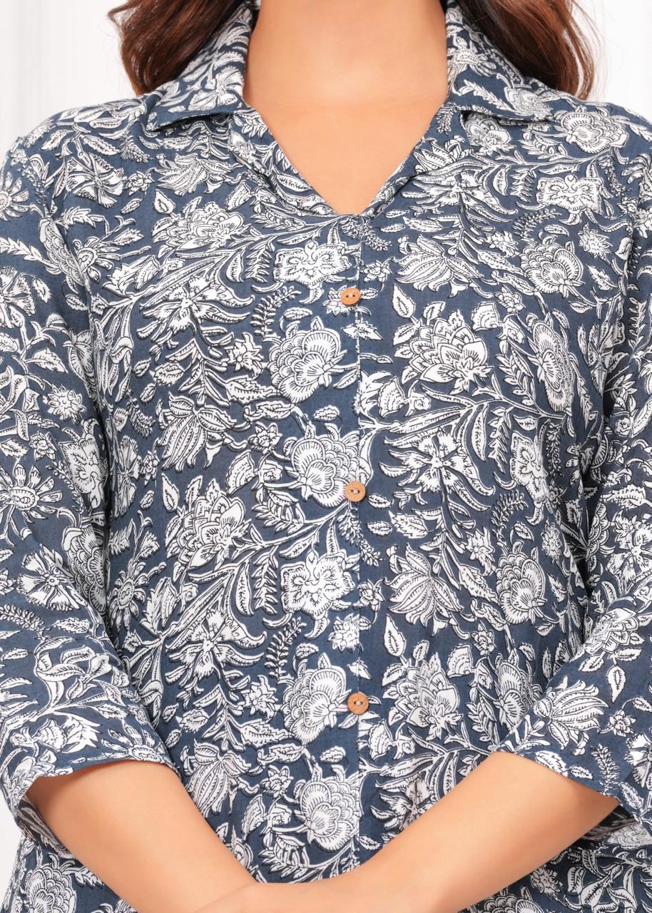 Dark Grey Cotton Printed A Line Cord Set for Women