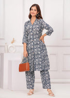 Dark Grey Cotton Printed A Line Cord Set for Women