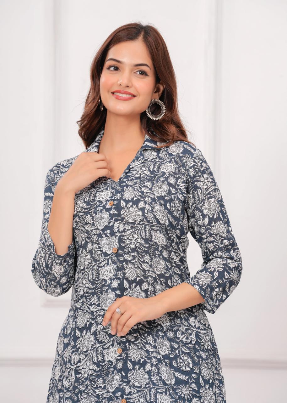 Dark Grey Cotton Printed A Line Cord Set for Women