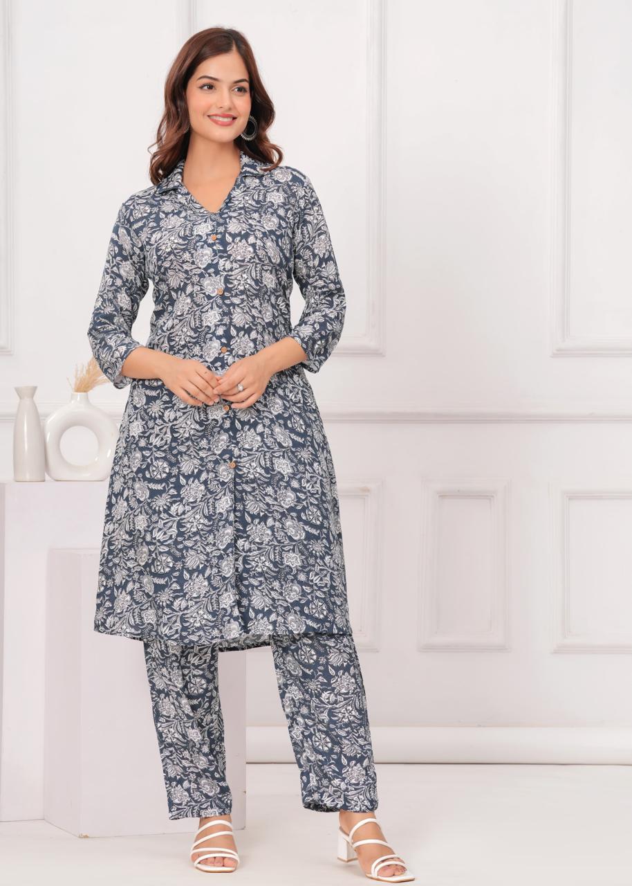 Dark Grey Cotton Printed A Line Cord Set for Women
