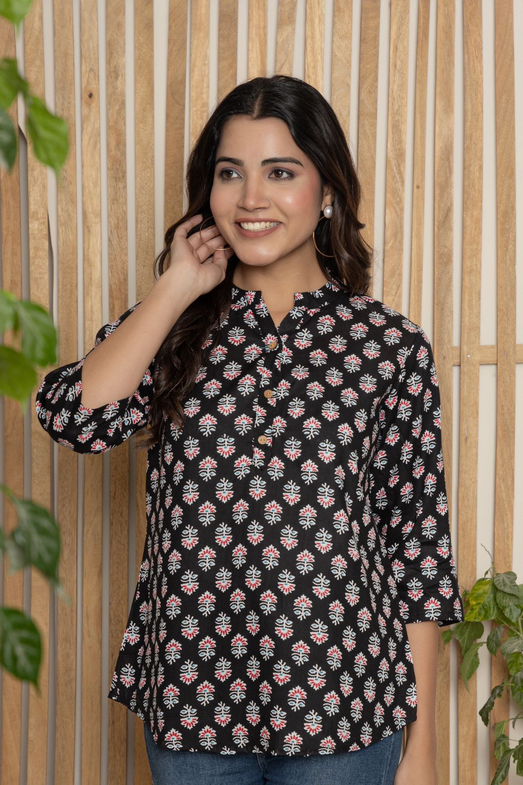 Mandarin Collar Black Straight Short Kurti