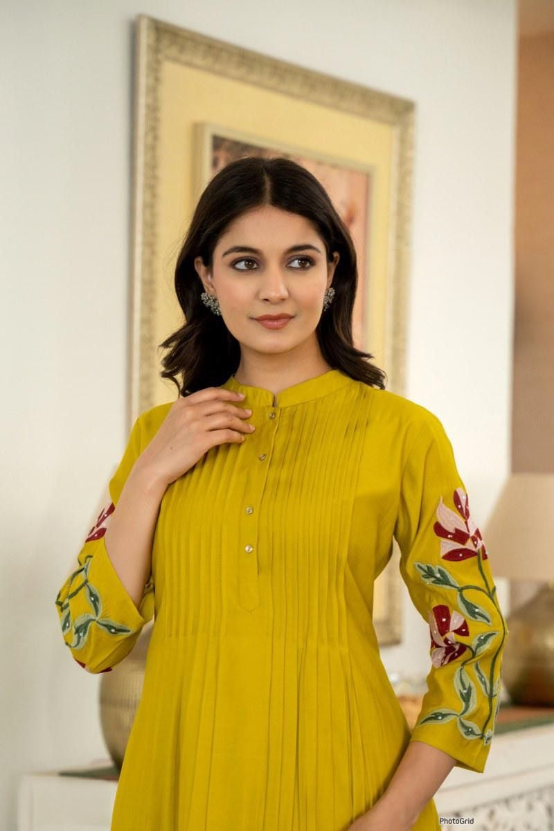 Yellow Color Co-ord Set With Floral Embroidery At Front And Sleeves