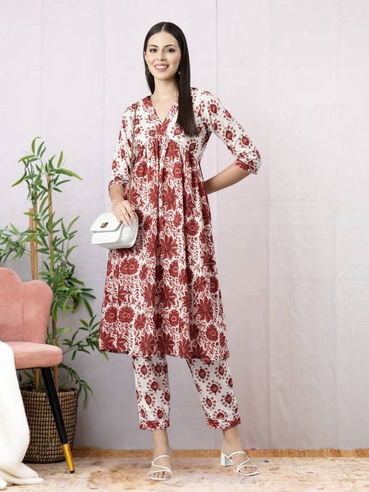 Maroon Abstract Print Kurti Set With Pant