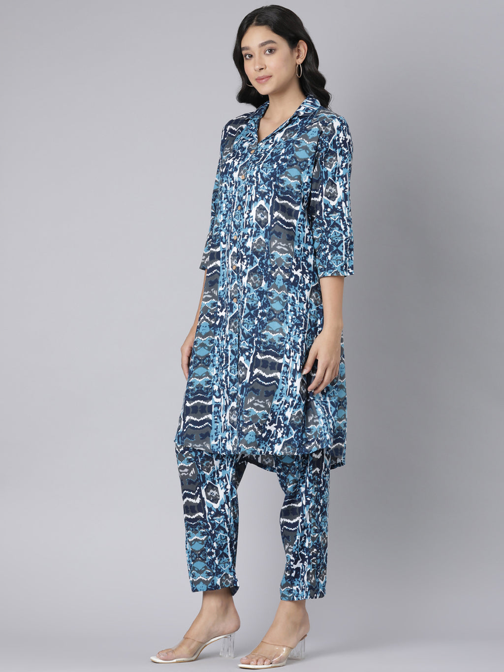 Azure Abstract Printed Co-ord Set with Shirt Collar
