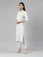 front side view of Samhitas White Round Neck Loose Fit Kurta set for women