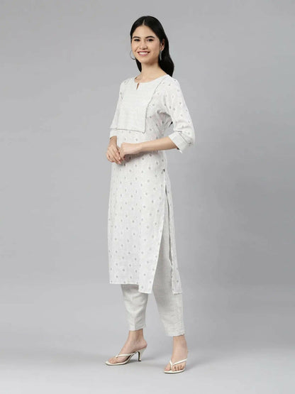front side view of Samhitas White Round Neck Loose Fit Kurta set for women
