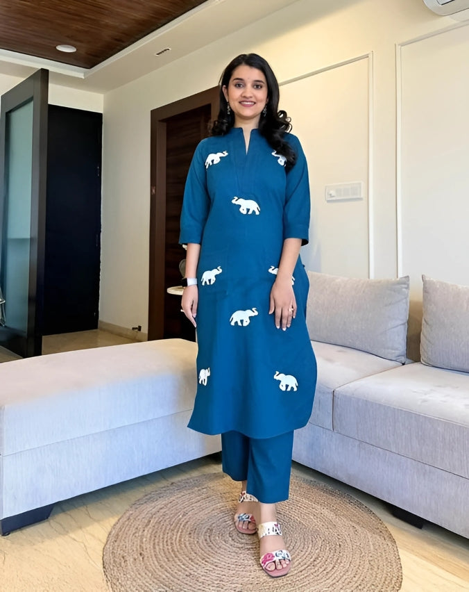 Elephant Embroidered Dark Blue Cotton Top Pant Set