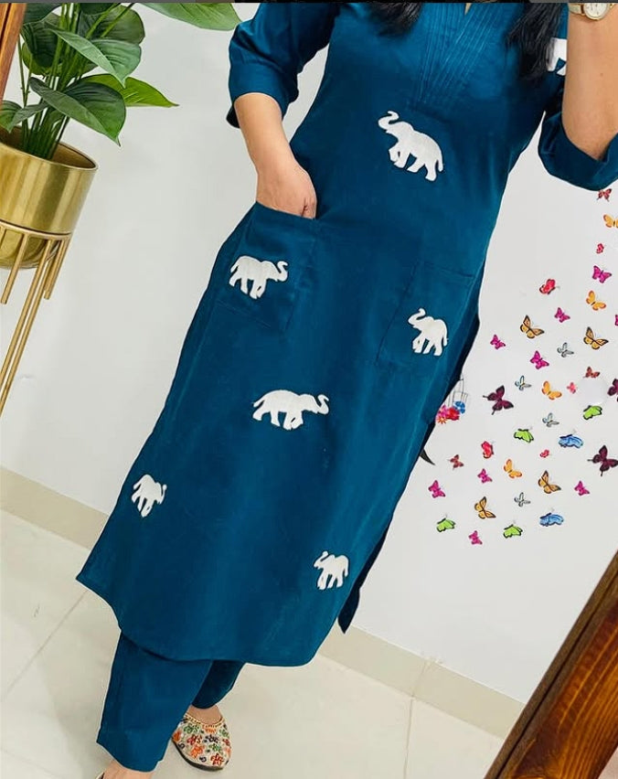 Elephant Embroidered Dark Blue Cotton Top Pant Set