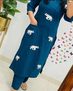 Elephant Embroidered Dark Blue Cotton Top Pant Set