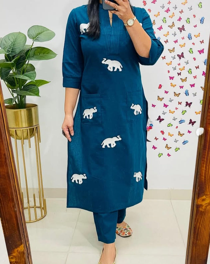 Elephant Embroidered Dark Blue Cotton Top Pant Set