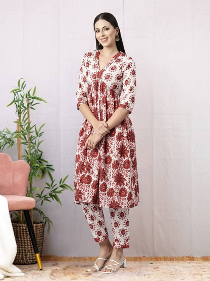 Maroon Abstract Print Kurti Set With Pant