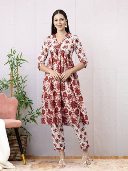 Maroon Abstract Print Kurti Set With Pant