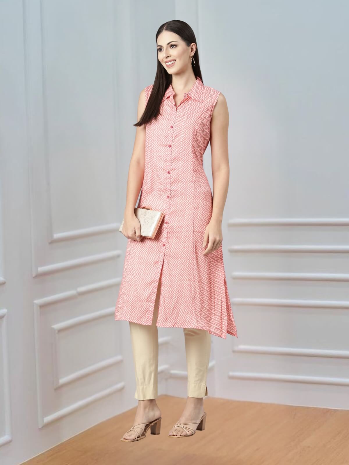 Pastel Pink Kurta with Long Pointed Collar & False Button