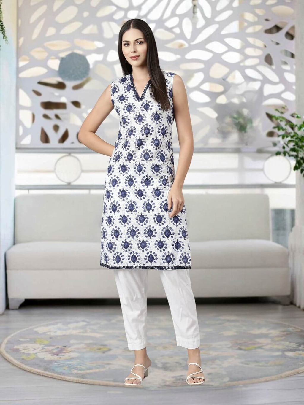 Pure Cotton Kurti with V-Neck & Elegant Lace Detailing