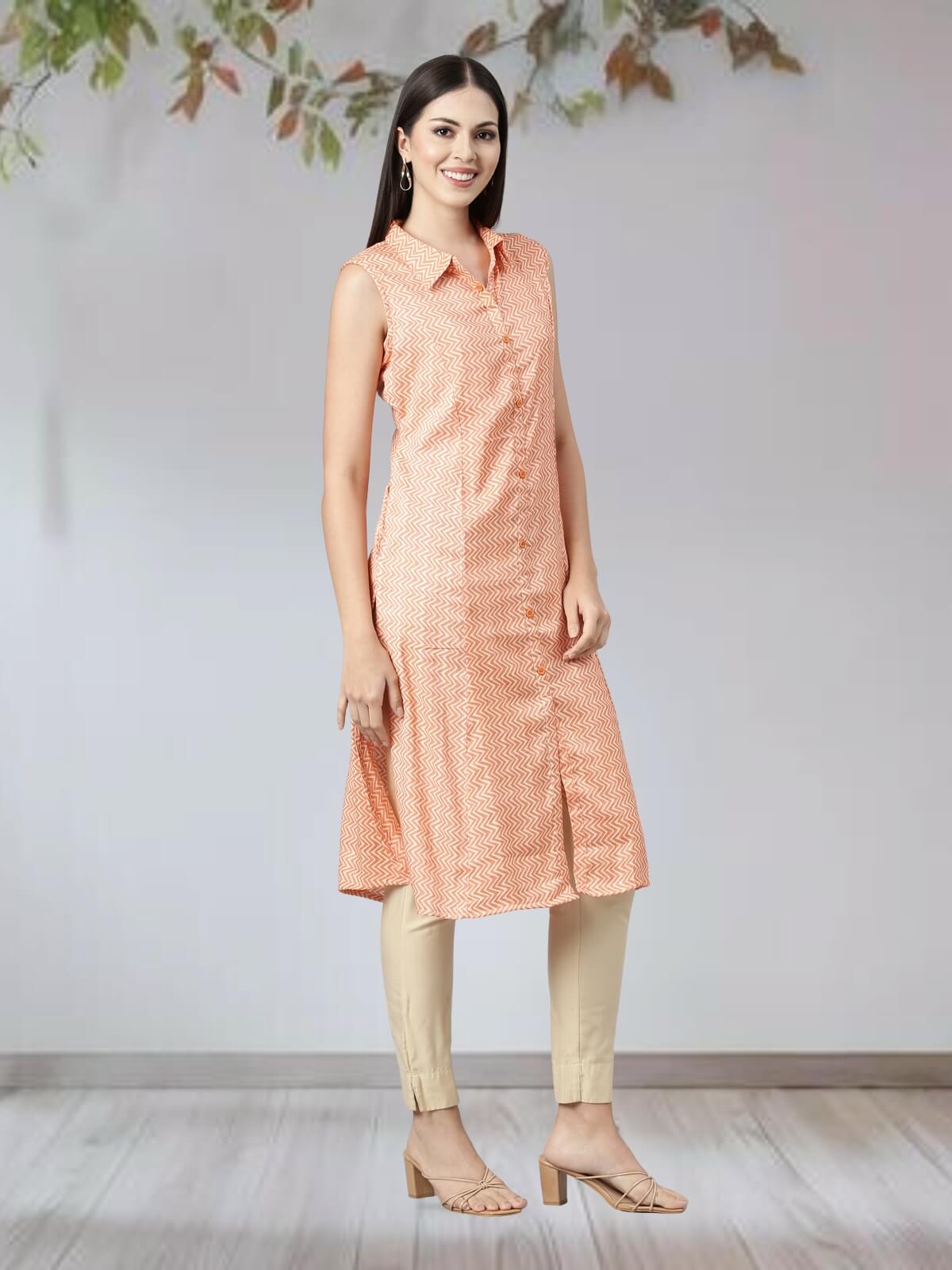 Orange Sleeveless Pastel Kurta With Long Pointed Collar & False Button