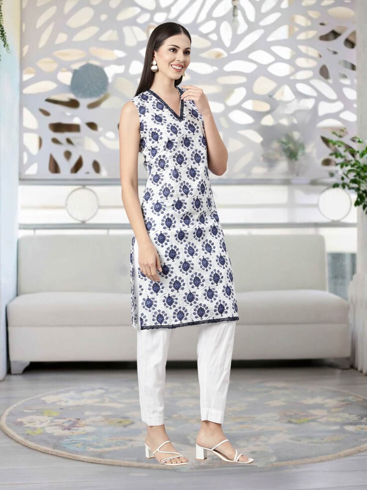Pure Cotton Kurti with V-Neck & Elegant Lace Detailing