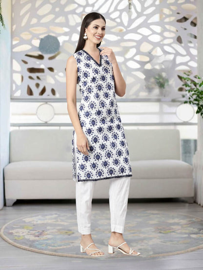 SLEEVELESS KNEE LENGTH BLUE MOTIF PRINT KURTA