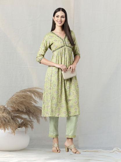 Pista Green Floral Print Kurta Set With Embroidery