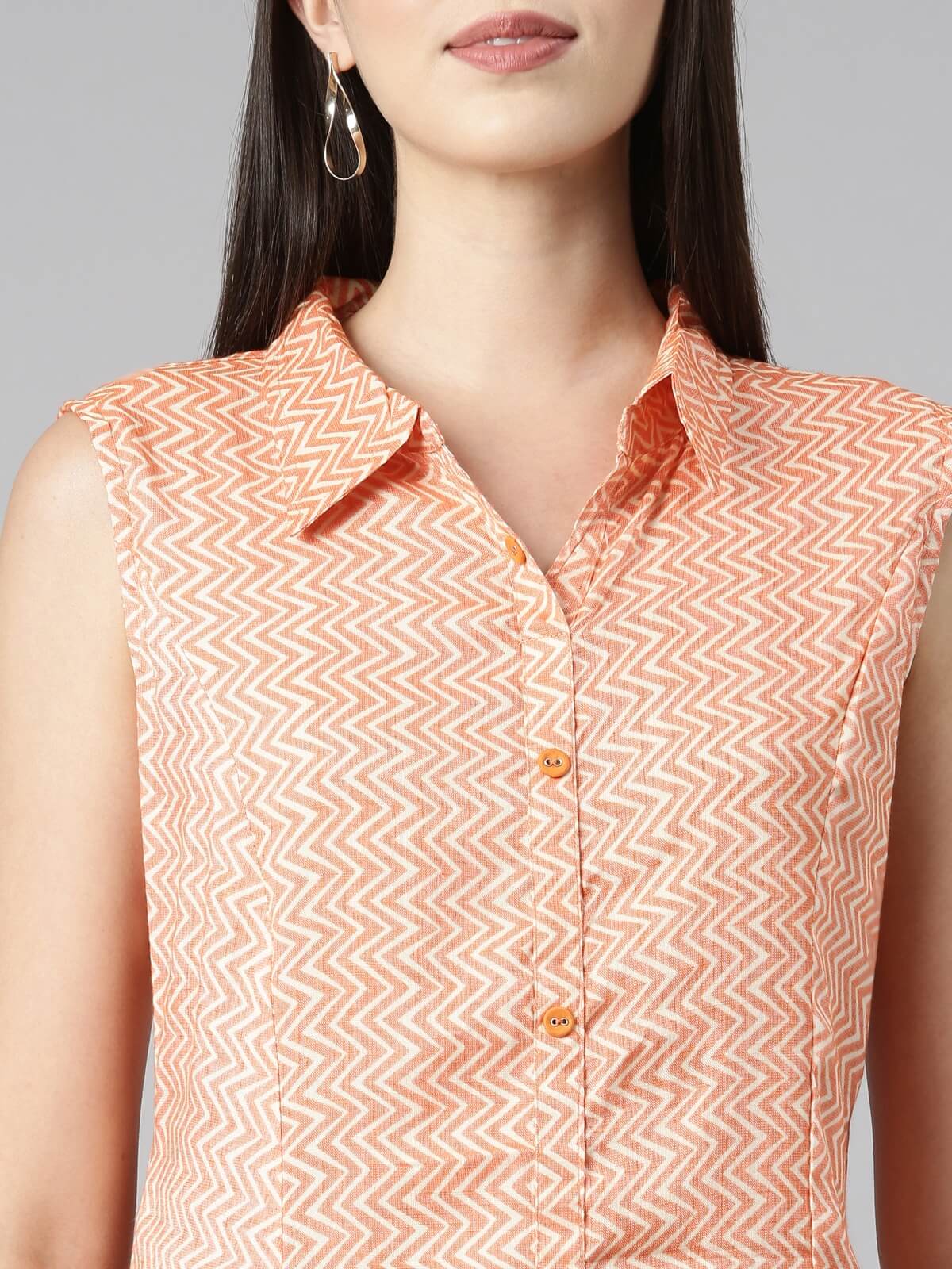 Orange Sleeveless Pastel Kurta With Long Pointed Collar & False Button