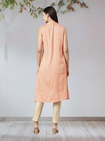 Orange Sleeveless Pastel Kurta With Long Pointed Collar