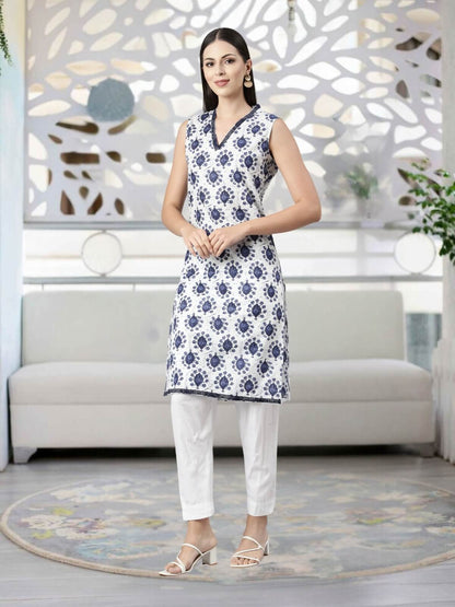 SLEEVELESS KNEE LENGTH BLUE MOTIF PRINT KURTA