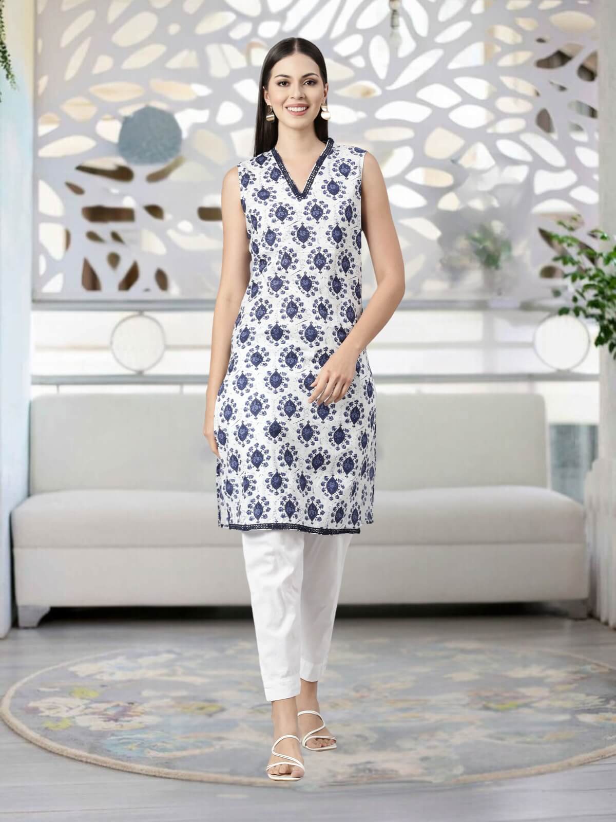 Pure Cotton Kurti with V-Neck & Elegant Lace Detailing