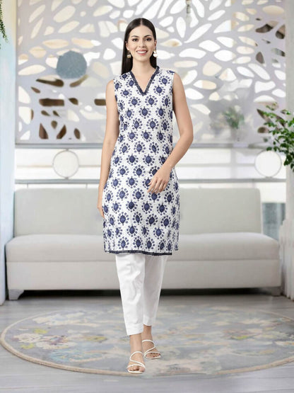 SLEEVELESS KNEE LENGTH BLUE MOTIF PRINT KURTA