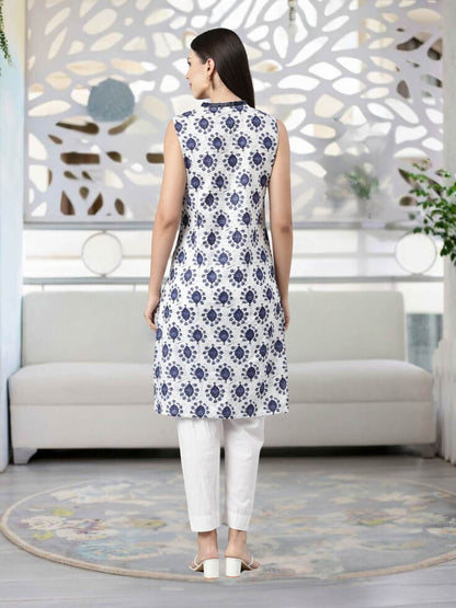 SLEEVELESS KNEE LENGTH BLUE MOTIF PRINT KURTA