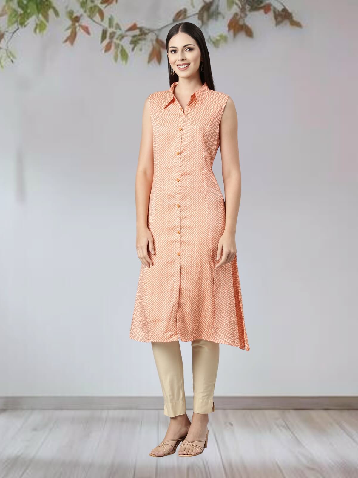 Orange Sleeveless Pastel Kurta With Long Pointed Collar & False Button