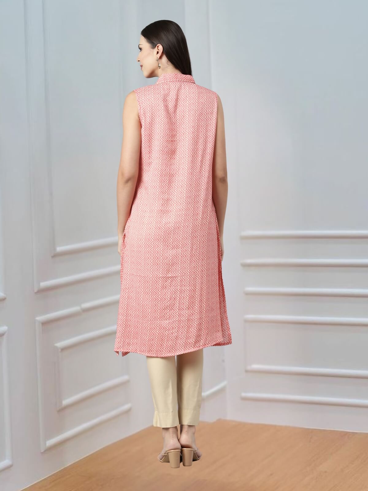 Pastel Pink Kurta with Long Pointed Collar & False Button