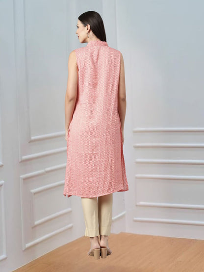 Sleeveless Pastel Pink Kurta with Long Pointed Collar & False Button