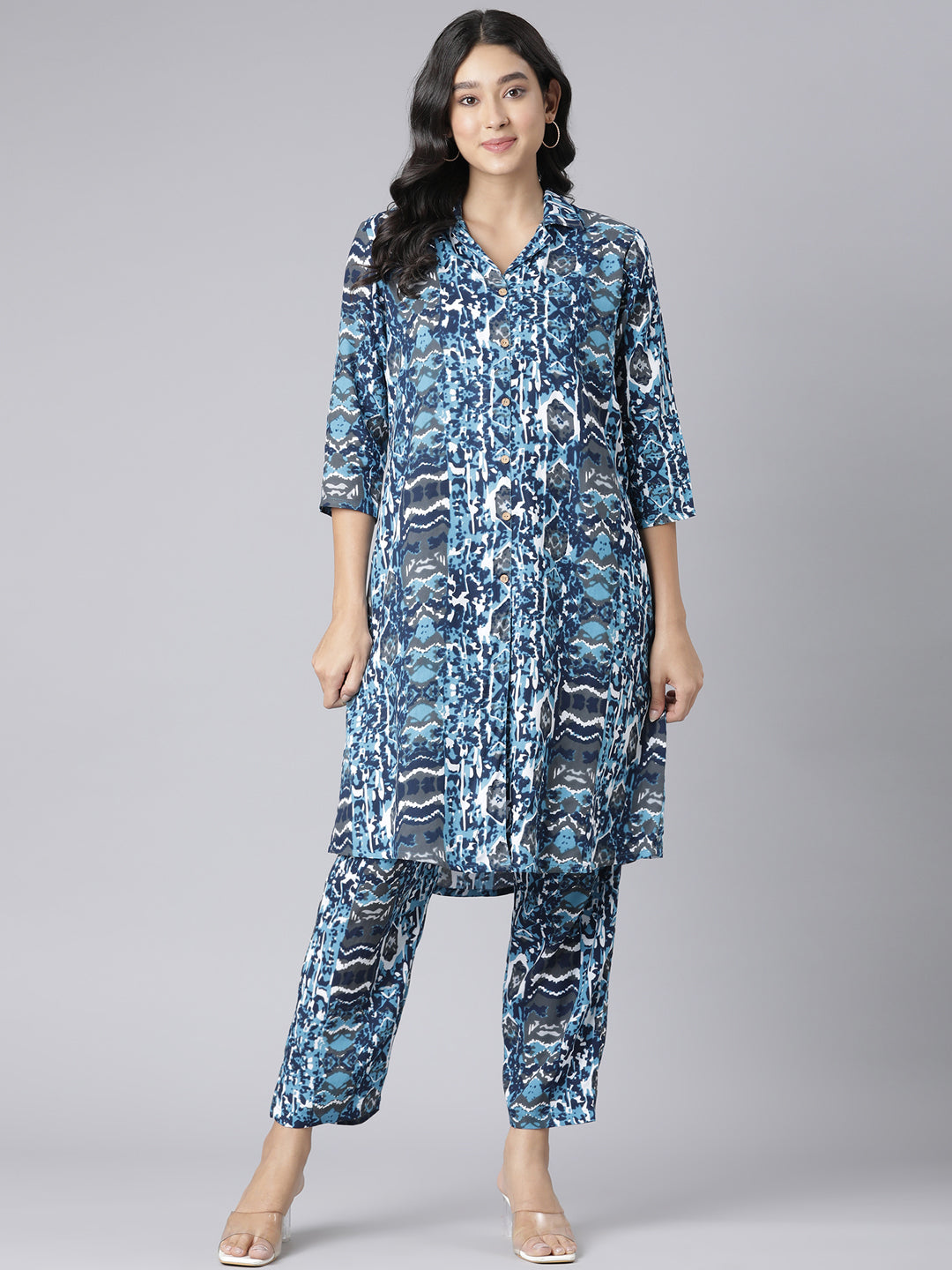 Azure Abstract Printed Co-ord Set with Shirt Collar