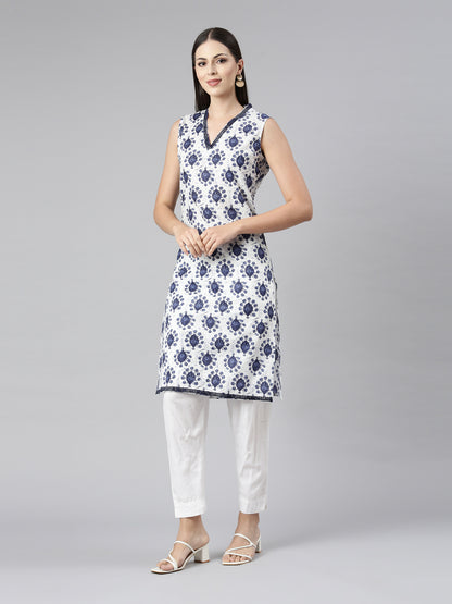 SLEEVELESS KNEE LENGTH BLUE MOTIF PRINT KURTA