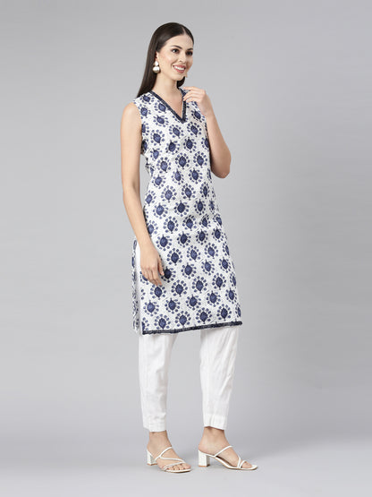 SLEEVELESS KNEE LENGTH BLUE MOTIF PRINT KURTA