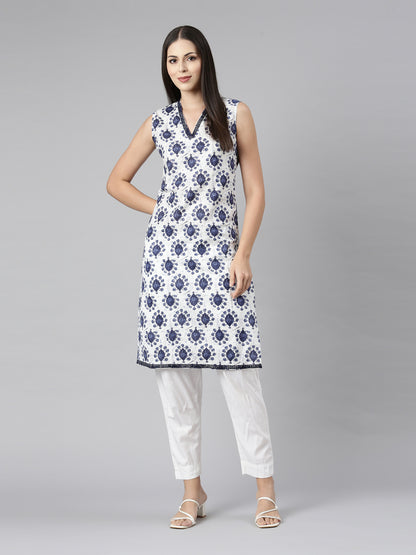 SLEEVELESS KNEE LENGTH BLUE MOTIF PRINT KURTA