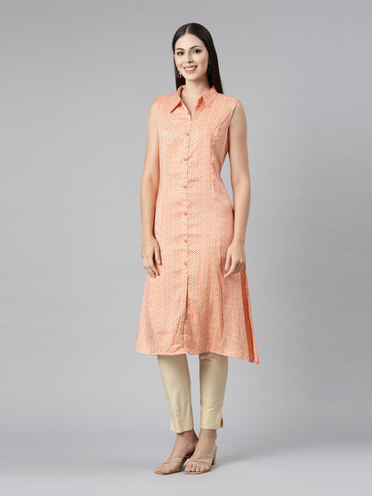 Orange Sleeveless Pastel Kurta With Long Pointed Collar And False Button