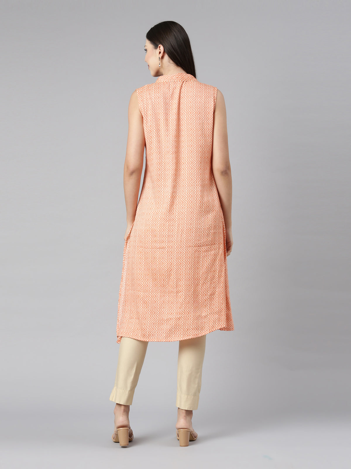 Orange Sleeveless Pastel Kurta With Long Pointed Collar And False Button