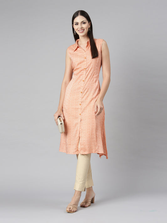 Orange Sleeveless Pastel Kurta With Long Pointed Collar And False Button