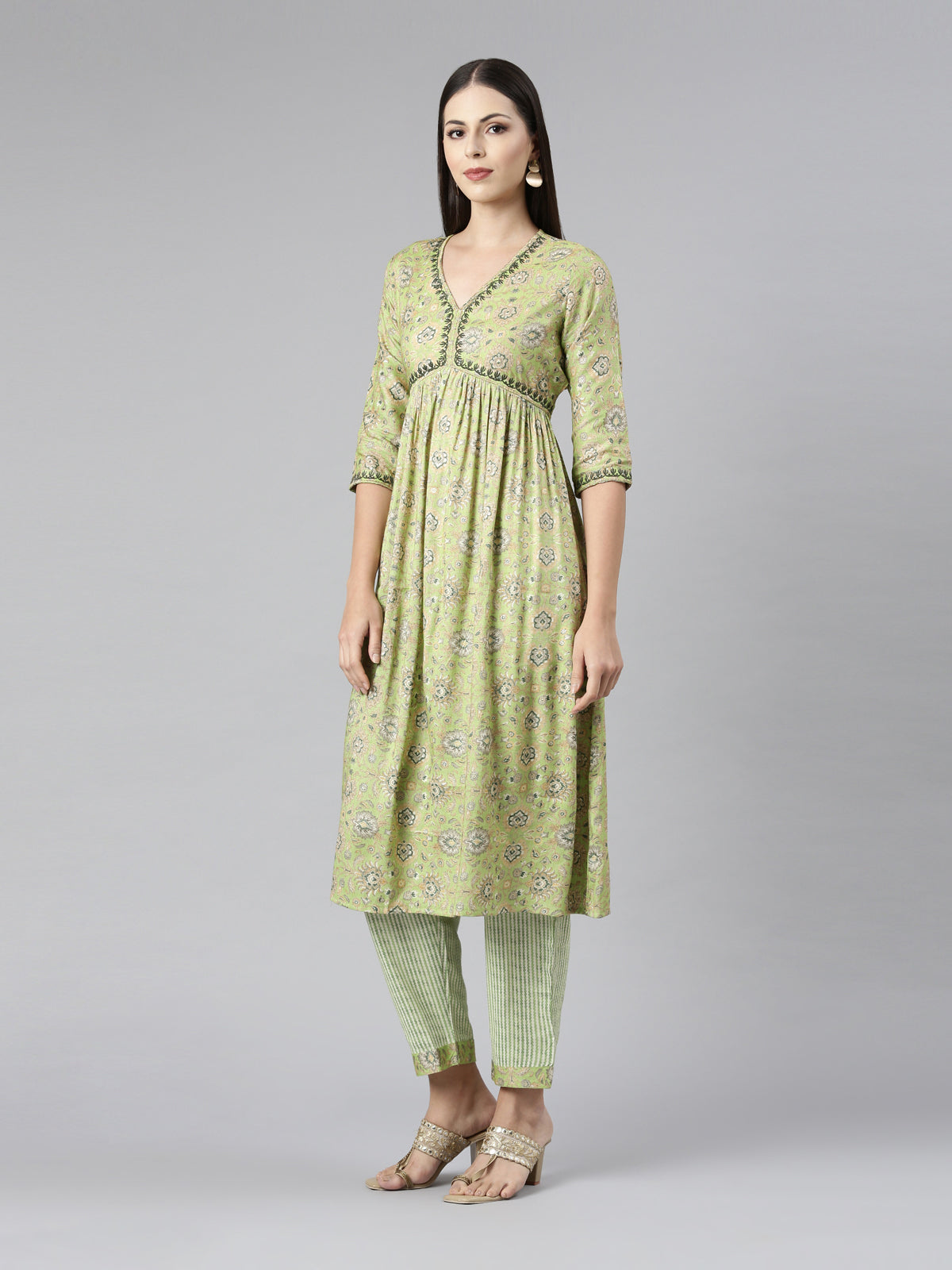 PISTA GREEN FLORAL PRINT KURTA SET WITH EMBROIDERY