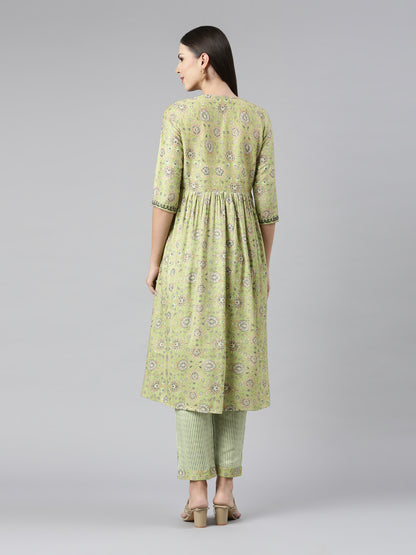 PISTA GREEN FLORAL PRINT KURTA SET WITH EMBROIDERY