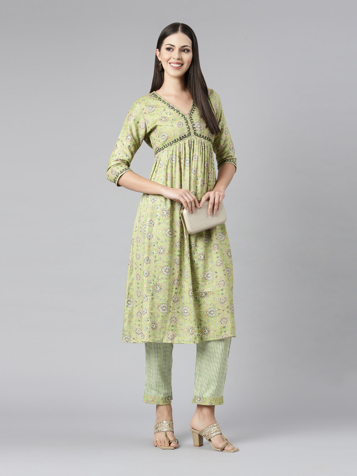 PISTA GREEN FLORAL PRINT KURTA SET WITH EMBROIDERY