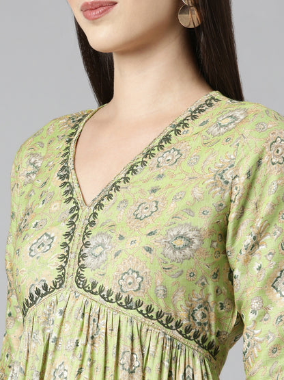 PISTA GREEN FLORAL PRINT KURTA SET WITH EMBROIDERY