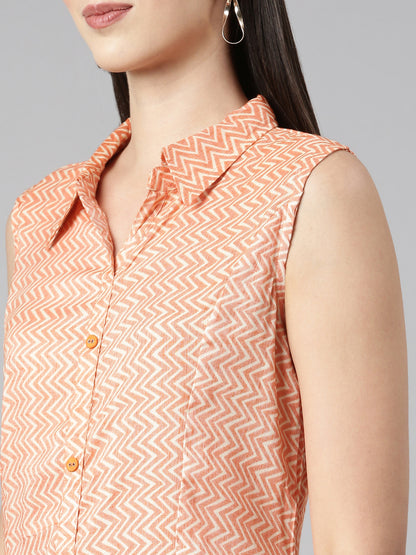 Orange Sleeveless Pastel Kurta With Long Pointed Collar And False Button